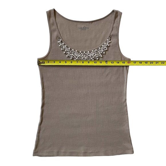 Embellished Rib Knit Cotton Tank Top — Taupe Stone Neutral Scoop Neck Size M - Picture 5 of 10